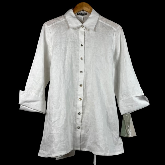 Go Silk Long Linen Tie-Waist Tunic Top White Lagenlook Button Up NWT Petite Sz M - Picture 1 of 7